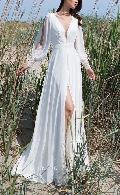 H1528 - Sexy Satin A-Line V-Neck Long Sleeve Empire Ruched Appliques With Side Slit Wedding Dress