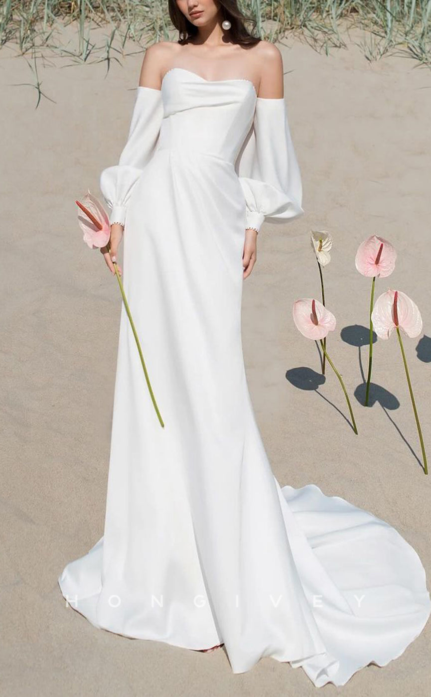H1529 - Sexy Satin Trumpet Sweetheart Long Sleeves Empire Beaded Ruched With Train Wedding Dress