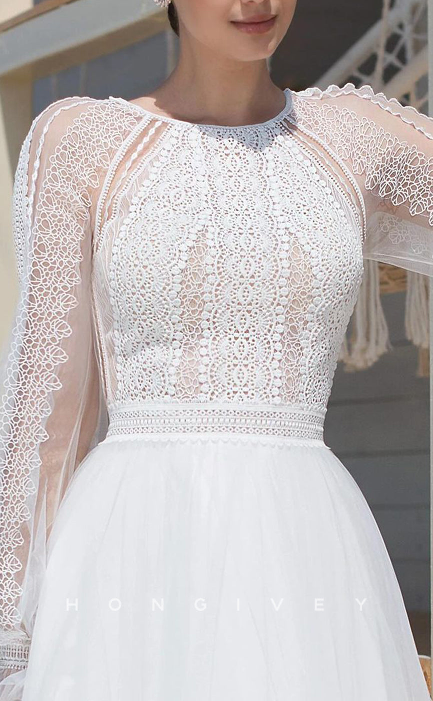 H1530 - Sexy Tulle A-Line Round Long Sleeve Empire Illusion Appliques With Train Boho Wedding Dress