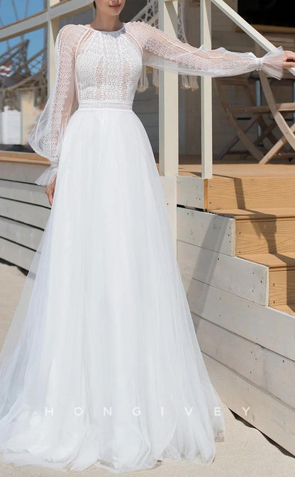 H1530 - Sexy Tulle A-Line Round Long Sleeve Empire Illusion Appliques With Train Boho Wedding Dress