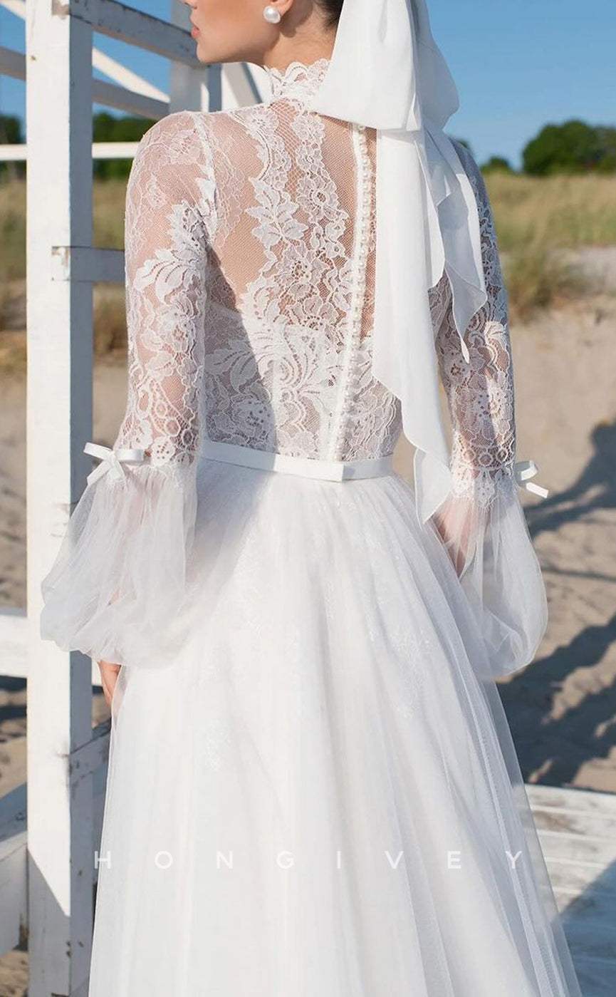 H1531 - Sexy Two Tone A-Line High Neck Lace Appliques Empire Long Sleeve Tulle Train Wedding Dress