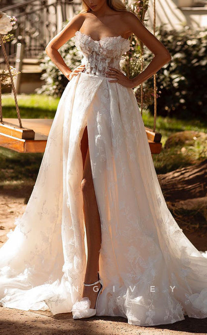 H1533 - Sexy Lace A-Line Sweetheart Strapless Empire Illusion Appliques With Side Slit Train Wedding Dress