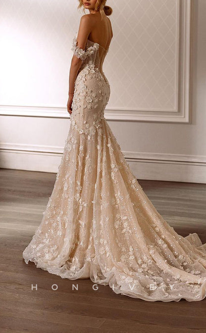 H1534 - Sexy Glitter Lace Trumpet Sweetheart Off-Shoulder Empire Appliques With Train Wedding Dress
