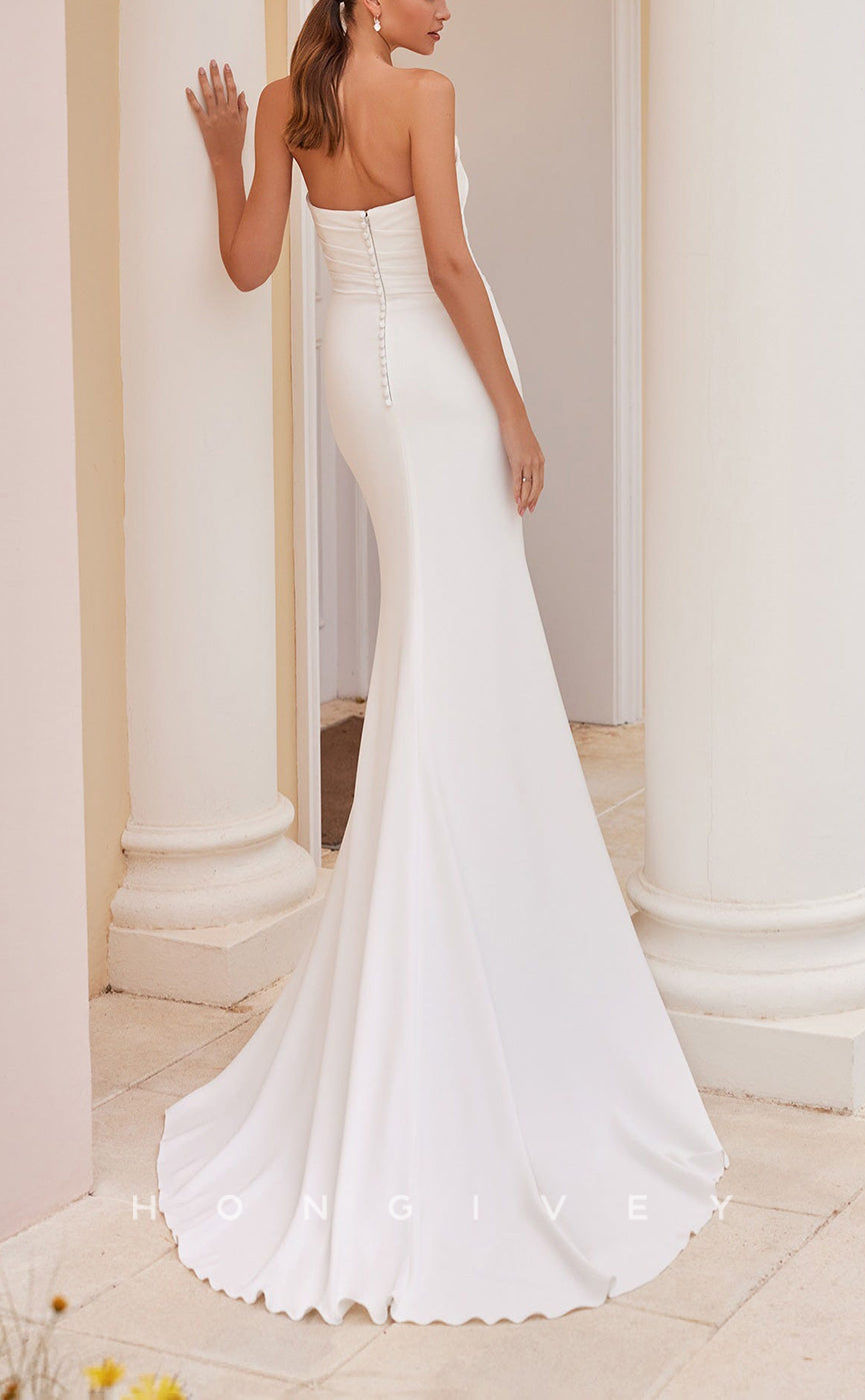H1536 - Sexy Satin Fitted Bateau Strapless Empire Beaded Ruched With Train Beach Wedding Dress