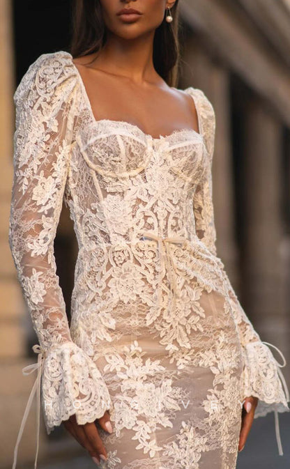 H1538 - Sexy Lace Trumpet Sweetheart Long Sleeve Empire Illusion Appliques With Train Wedding Dress