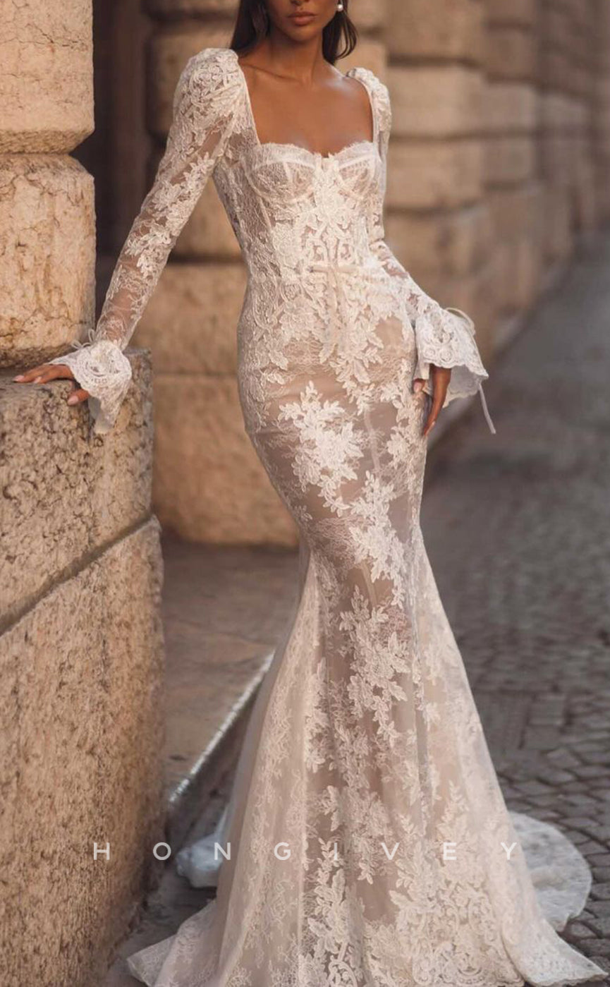 H1538 - Sexy Lace Trumpet Sweetheart Long Sleeve Empire Illusion Appliques With Train Wedding Dress