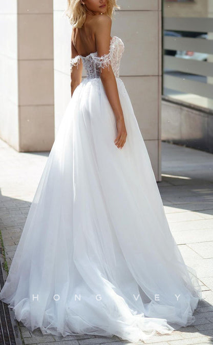 H1539 - Sexy Tulle A-Line Bateau Off-Shoulder Illusion Empire Appliques With Side Slit Train Wedding Dress