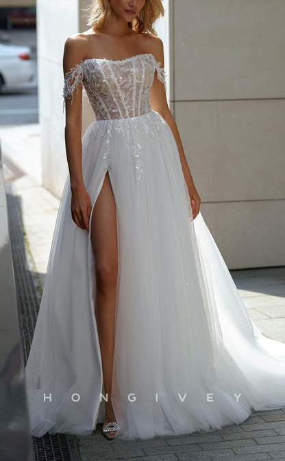 H1539 - Sexy Tulle A-Line Bateau Off-Shoulder Illusion Empire Appliques With Side Slit Train Wedding Dress