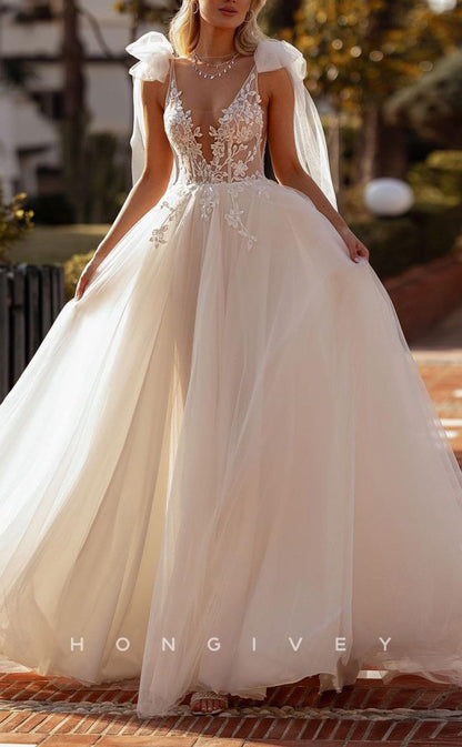 H1541 - Sexy Tulle A-Line V-Neck Bowknot Straps Illusion Empire Appliques With Side Slit Wedding Dress