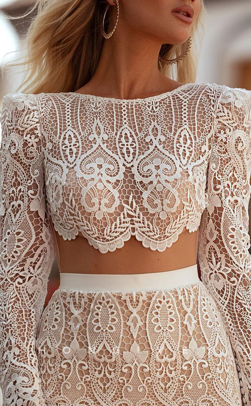 H1542 - Sexy Lace Trumpet Scoop Long Sleeve Illusion Empire Appliques With Side Slit Boho Wedding Dress