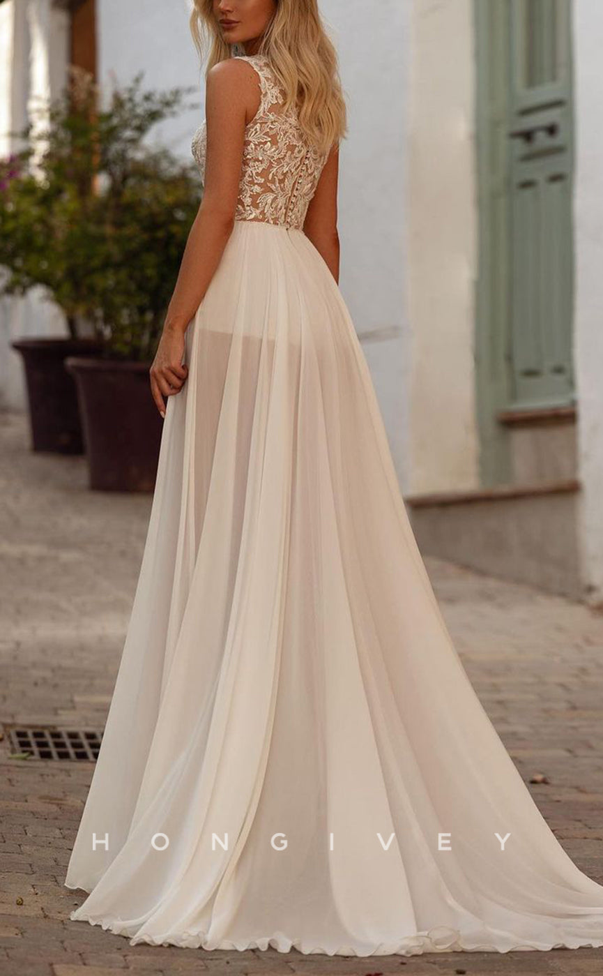 H1543 - Sexy Tulle A-Line High Neck Sleeveless Empire Appliques With Side Slit Beach Wedding Dress