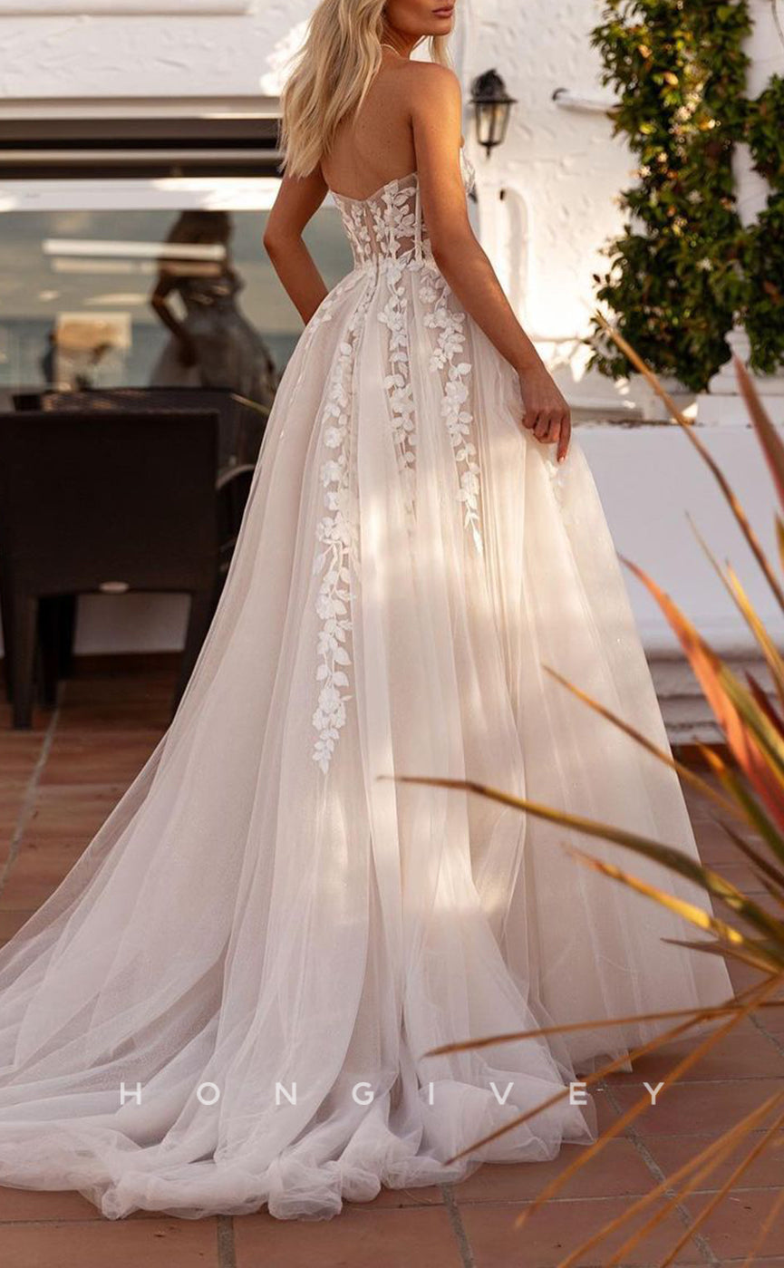 H1545 - Sexy Tulle A-Line Sweetheart Strapless Empire Appliques With Side Slit Train Wedding Dress