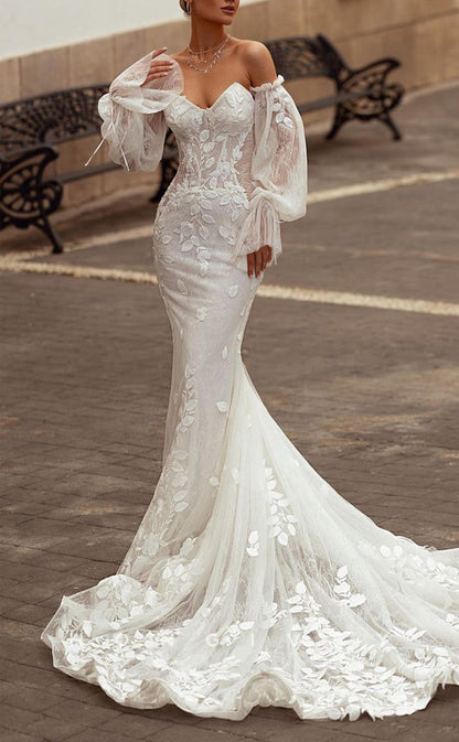 H1546 - Sexy Lace Trumpet Sweetheart Strapless Long Sleeve Empire Appliques With Train Wedding Dress