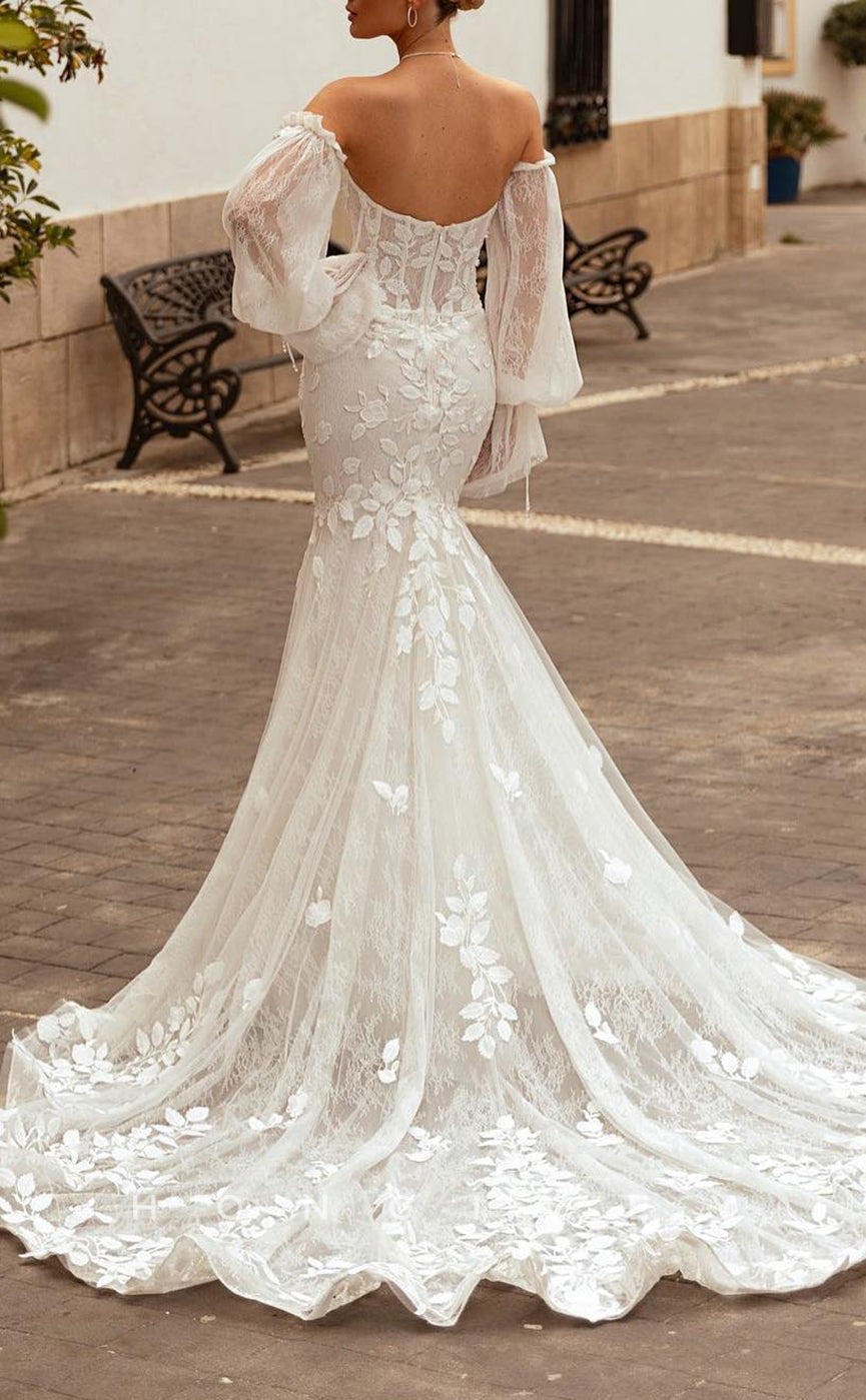H1546 - Sexy Lace Trumpet Sweetheart Strapless Long Sleeve Empire Appliques With Train Wedding Dress