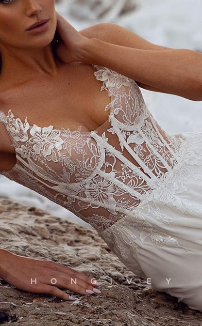 H1548 - Sexy Satin A-Line V-Neck Spaghetti Straps Illusion Empire Appliques With Side Slit Beach Wedding Dress