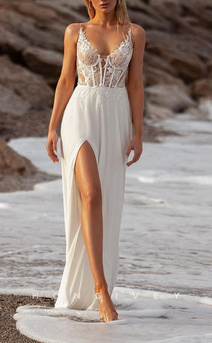 H1548 - Sexy Satin A-Line V-Neck Spaghetti Straps Illusion Empire Appliques With Side Slit Beach Wedding Dress