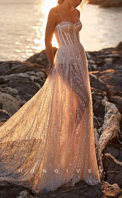 H1549 - Sexy Glitter Lace A-Line Sweetheart Spaghetti Straps Empire Appliques Wedding Dress