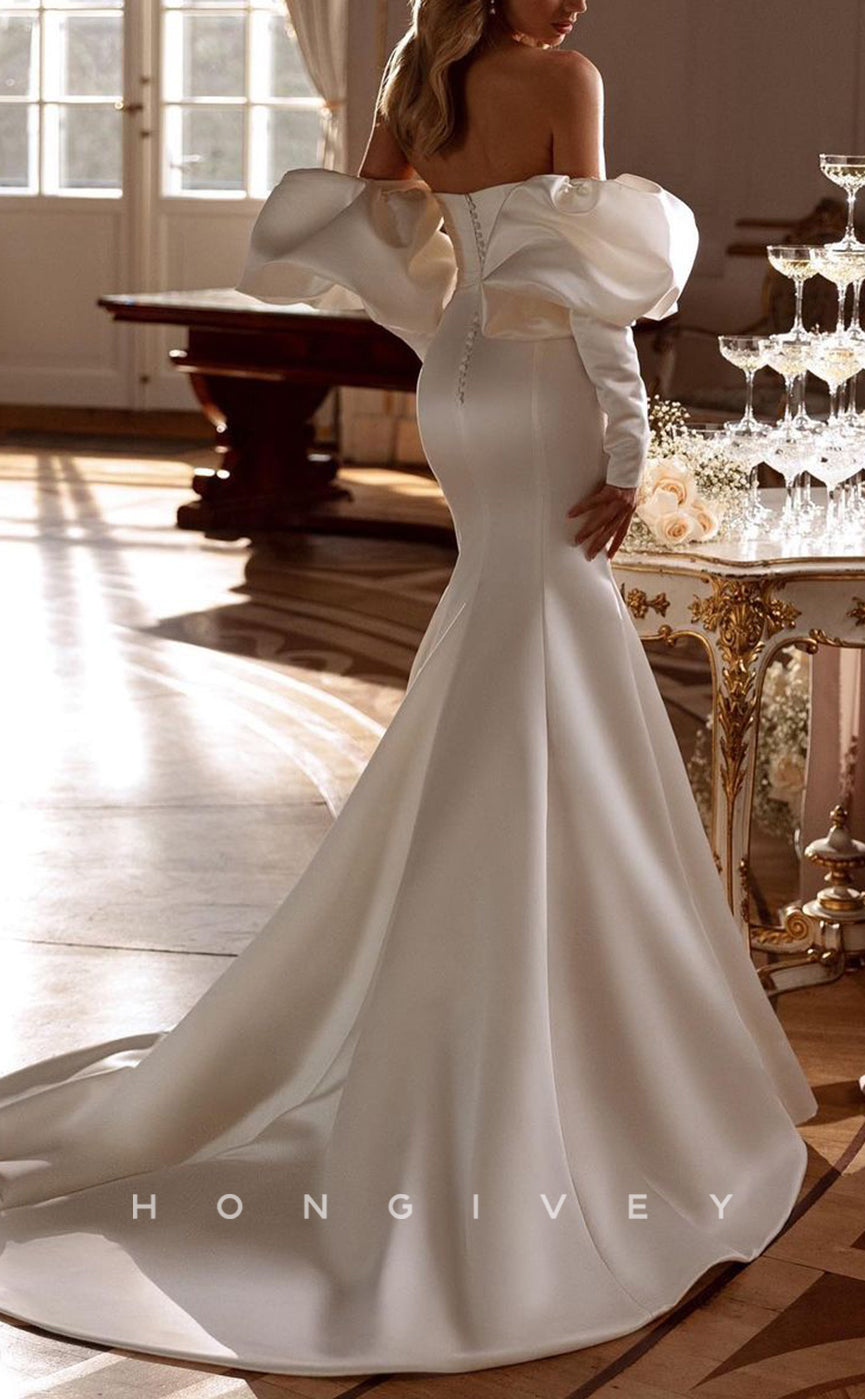 H1551 - Sexy Satin Trumpet V-Neck Strapless Long Sleeve Empire Ruched With Train Wedding Dress