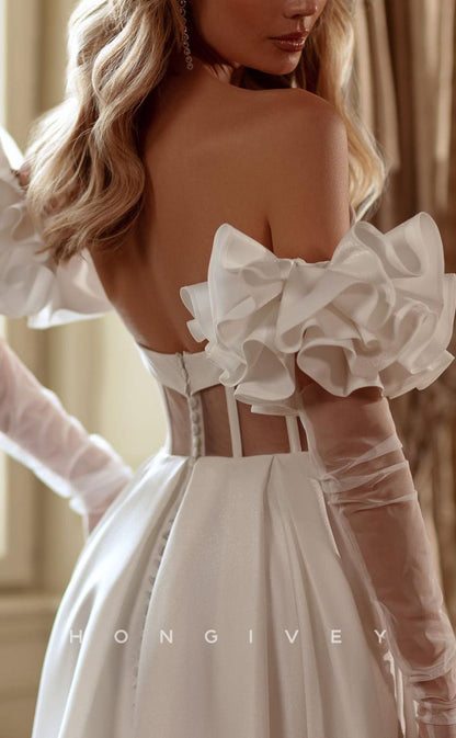 H1552 - Sexy Satin A-Line V-Neck Strapless Empire Ruched Detachable Gloves With Side Slit Wedding Dress