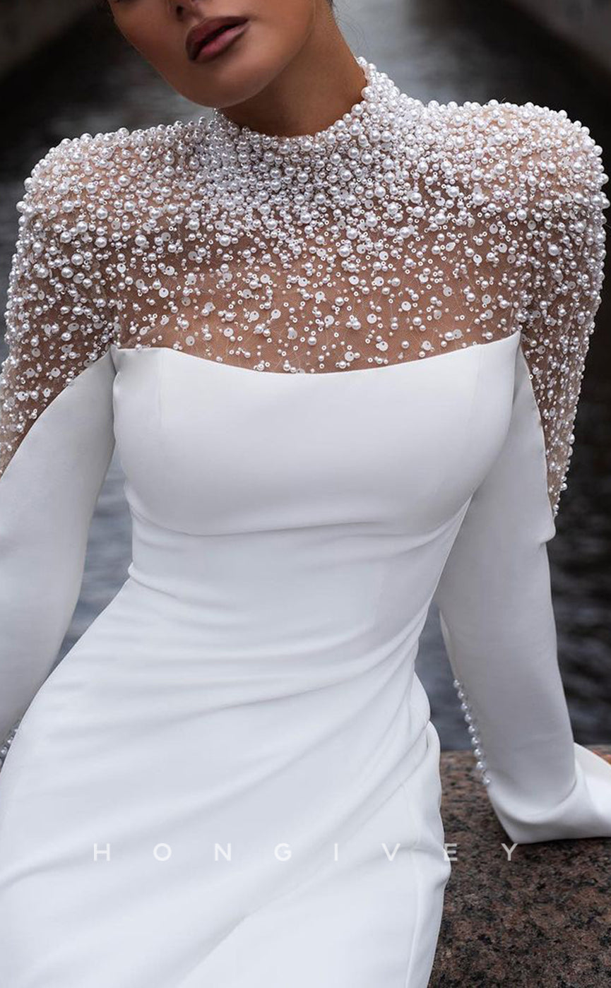 H1554 - Sexy Satin Trumpet High Neck Empire Long Sleeve Beaded With Tr H1554 - Sexy Satin Trumpet High Neck Empire Long Sleeve Beaded With Tr