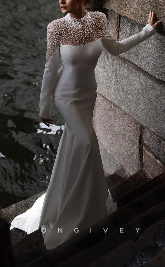 H1554 - Sexy Satin Trumpet High Neck Empire Long Sleeve Beaded With Train Wedding Dress