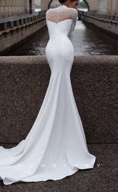 H1554 - Sexy Satin Trumpet High Neck Empire Long Sleeve Beaded With Train Wedding Dress