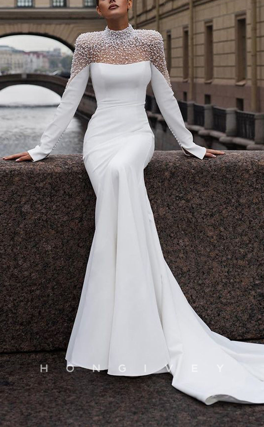 H1554 - Sexy Satin Trumpet High Neck Empire Long Sleeve Beaded With Train Wedding Dress