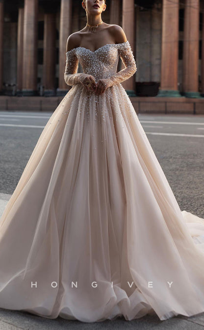 H1555 - Chic Tulle A-Line Off-Shoulder Long Sleeve Empire Beaded With Train Wedding Dress
