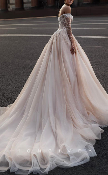 H1555 - Chic Tulle A-Line Off-Shoulder Long Sleeve Empire Beaded With Train Wedding Dress