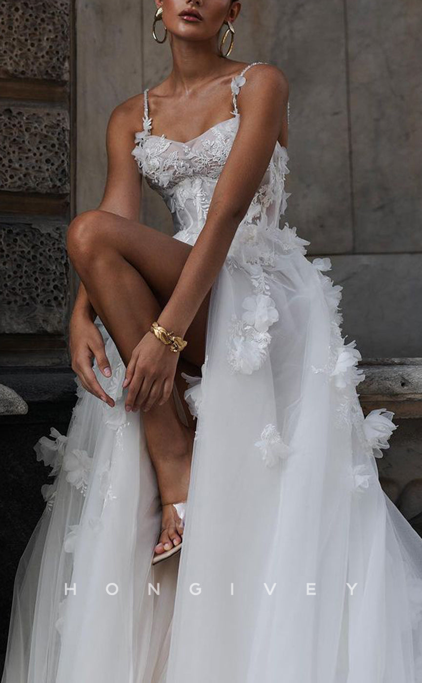 H1556 - Sexy Lace A-Line Bateau Spaghetti Straps Empire Floral Embossed With Side Slit Train Wedding Dress