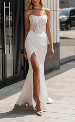 H1557 - Sexy Satin Fitted Bateau Sleeveless Empire Beaded Ruched With Side Slit Wedding Dress