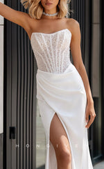 H1557 - Sexy Satin Fitted Bateau Sleeveless Empire Beaded Ruched With Side Slit Wedding Dress