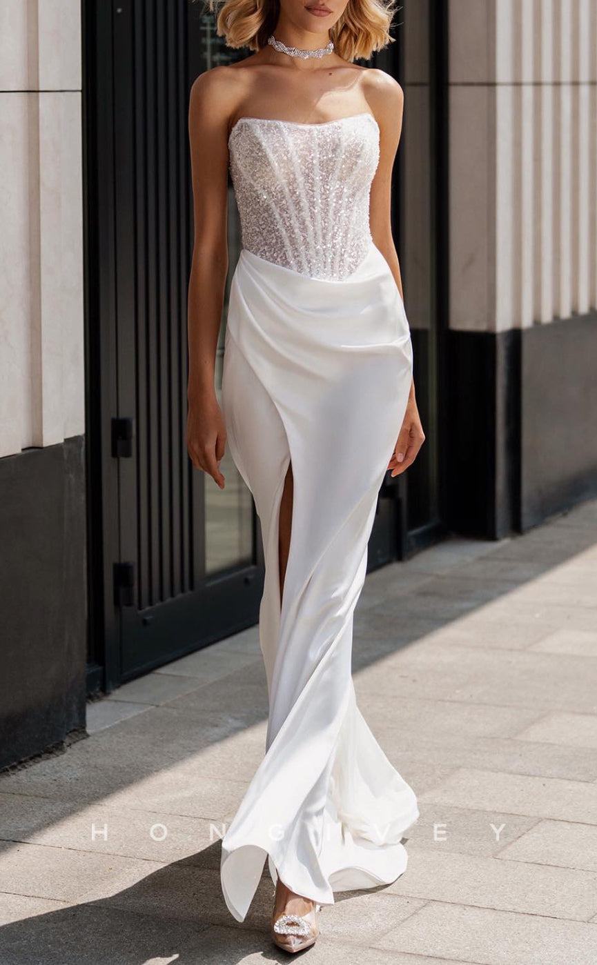 H1557 - Sexy Satin Fitted Bateau Sleeveless Empire Beaded Ruched With Side Slit Wedding Dress