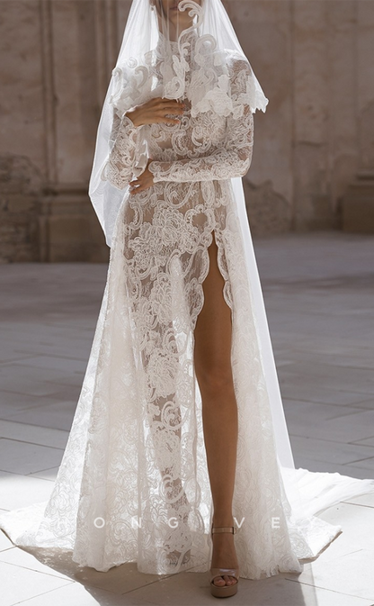 H1559 - Sexy Lace A-Line Illusion High Neck Long Sleeve Empire Appliques With Side Slit Train Boho Wedding Dress