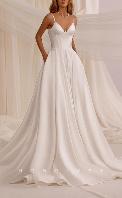 H1561 - Simple Satin A-Line Sweetheart Spaghetti Straps Sleeveless Empire With Pockets Wedding Dress
