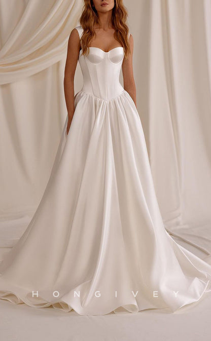 H1563 - Casual Satin A-Line Sweetheart Straps Sleeveless Empire With Pockets Train Wedding Dress