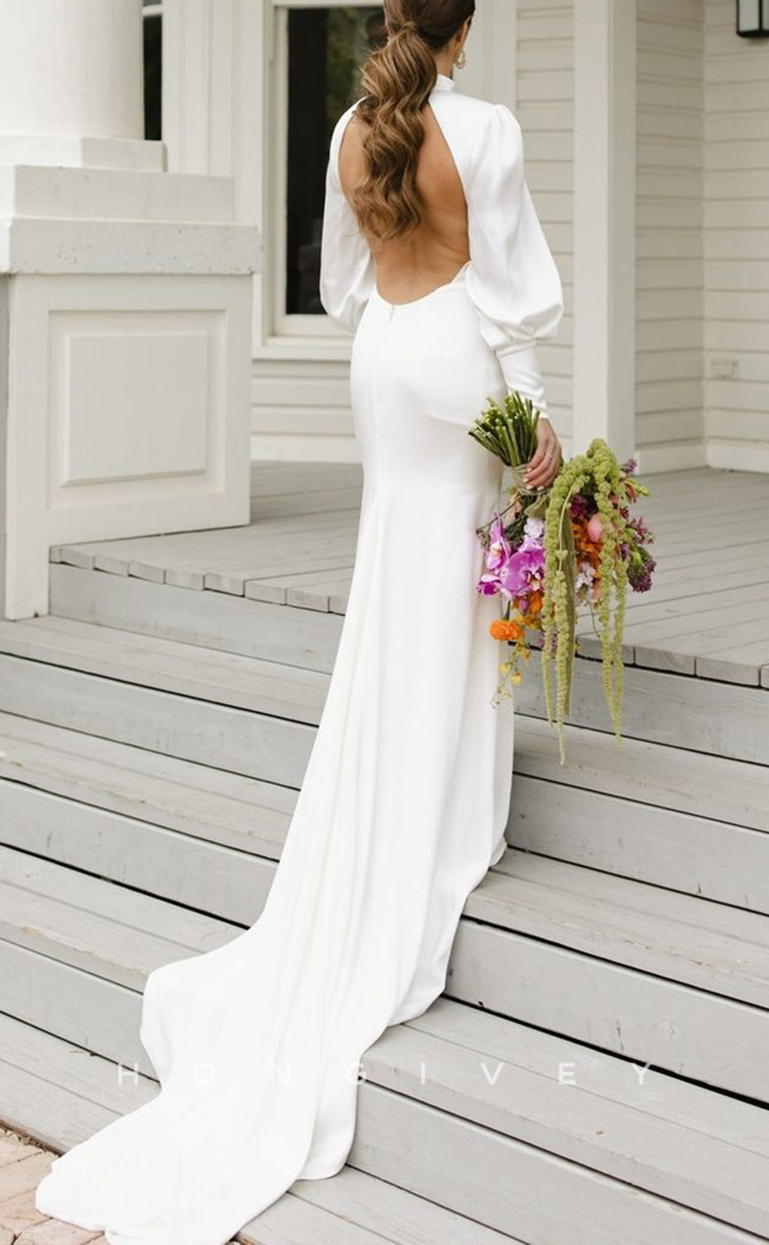 H1564 - Sexy Satin Fittd High Neck Long Sleeve Empire Backless With Train Beach Wedding Dress