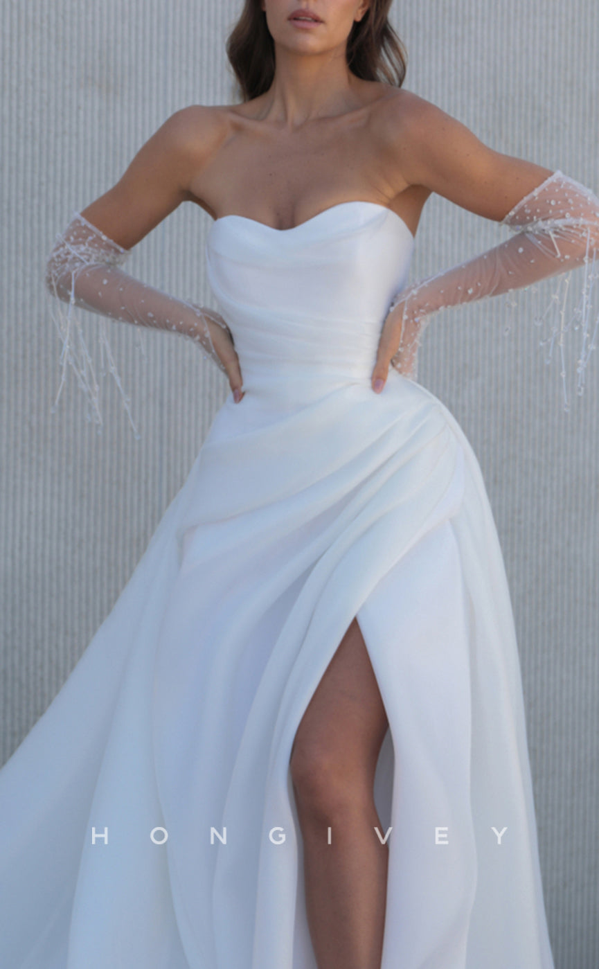 H1568 - Sexy Satin A-Line Sweetheart Strapless Sleeveless Empire Pleats With Side Slit Wedding Dress