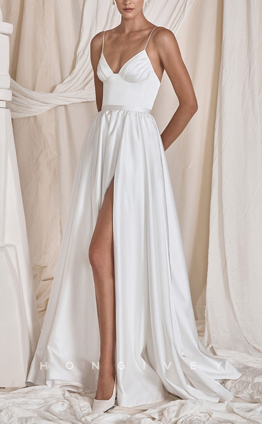H1571 - Sexy Satin A-Line V-Neck Spaghetti Straps Empire Ruched With Side Slit Train Wedding Dress