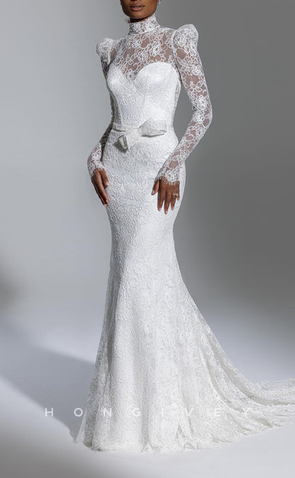 H1577 - Chic Lace Illusion Trumpet High Neck Empire Long Sleeve Bowknot With Train Wedding Dress