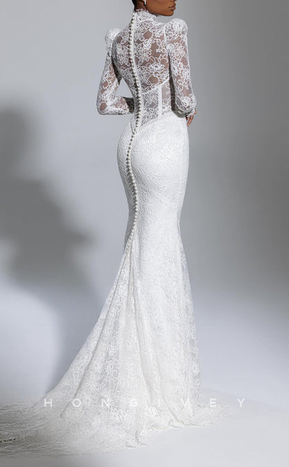H1577 - Chic Lace Illusion Trumpet High Neck Empire Long Sleeve Bowknot With Train Wedding Dress