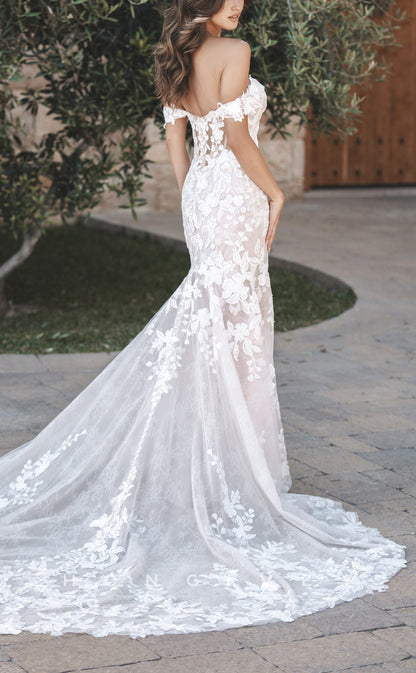 H1579 - Sexy Lace Trumpet Sweetheart Off-Shoulder Empire Appliques Illusion With Train Wedding Dress