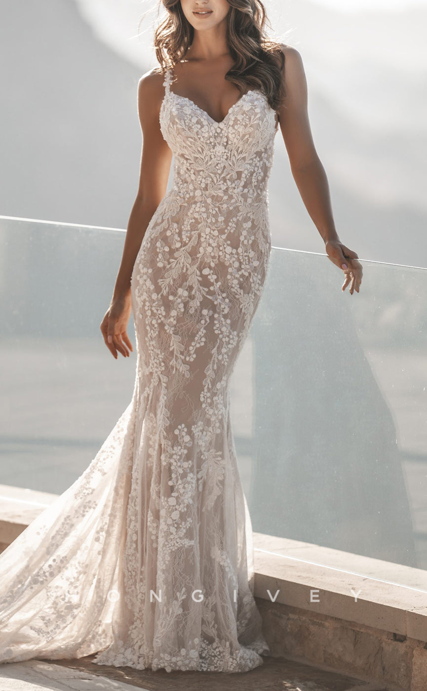 H1582 - Sexy Lace Trumpet Sweetheart Spaghetti Straps Empire Fully Appliques With Train Beach Wedding Dress