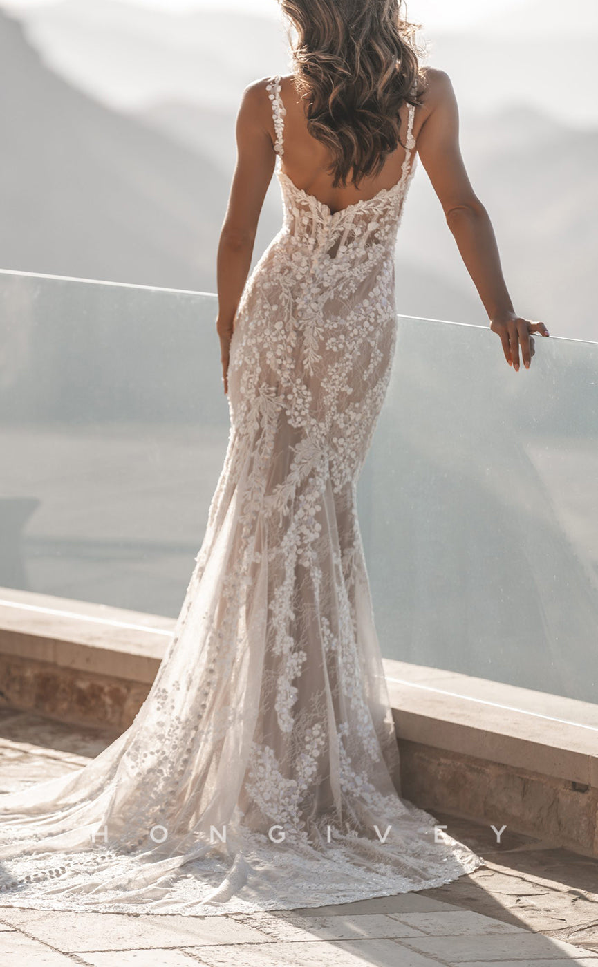 H1582 - Sexy Lace Trumpet Sweetheart Spaghetti Straps Empire Fully Appliques With Train Beach Wedding Dress