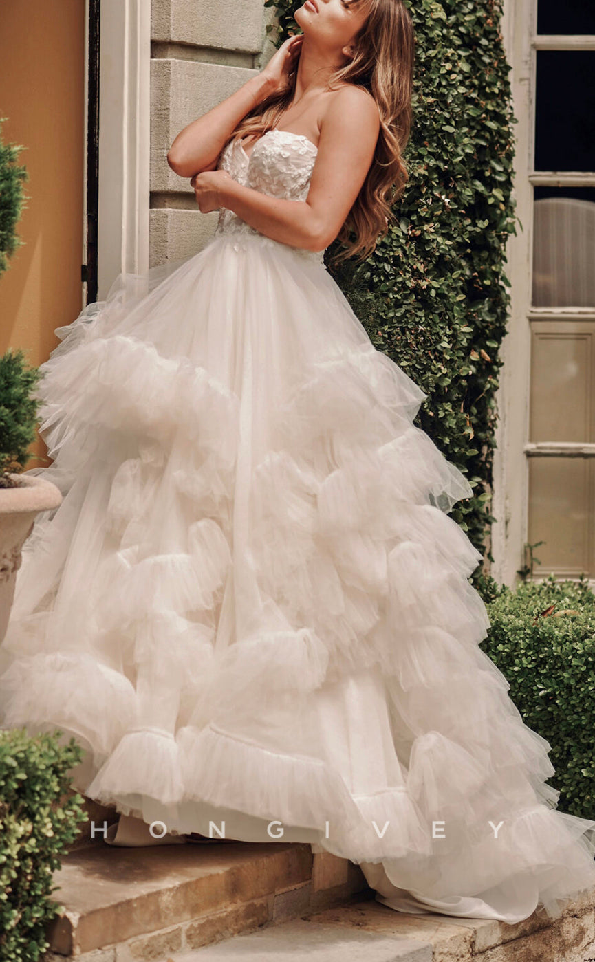 H1583 - Chic Tulle A-Line Sweetheart Strapless Empire Appliques Tiered With Train Wedding Dress