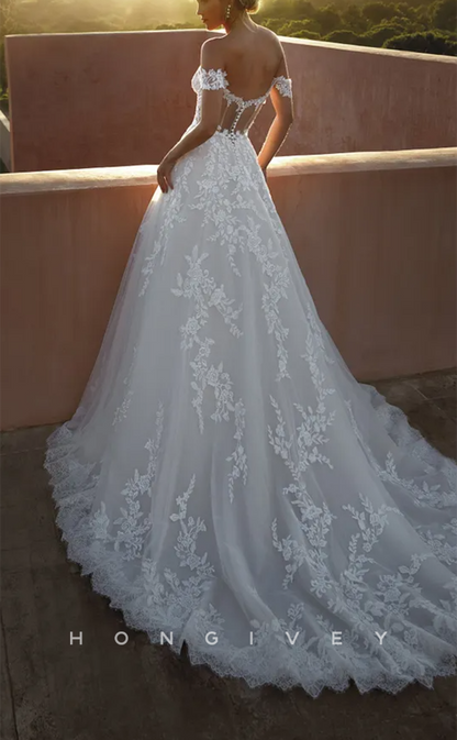 H1586 - Ornate Tulle A-Line Sweetheart Off-Shoulder Empire Lace Applique With Train Wedding Dress