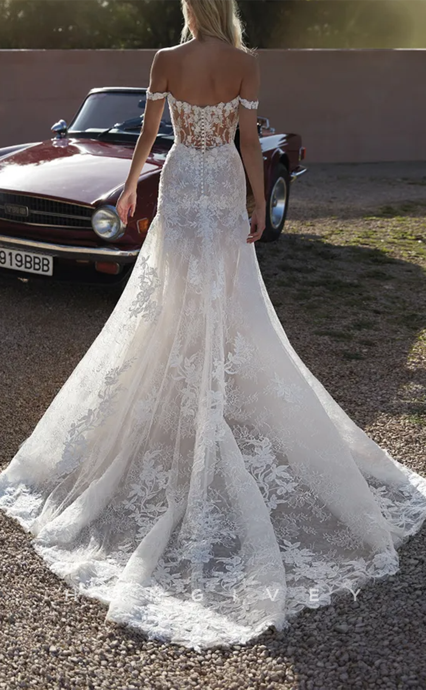 H1587 - Chic Lace Trumpet Sweetheart Off-Shoulder Illusion Empire Fully Appliques With Train Wedding Dress