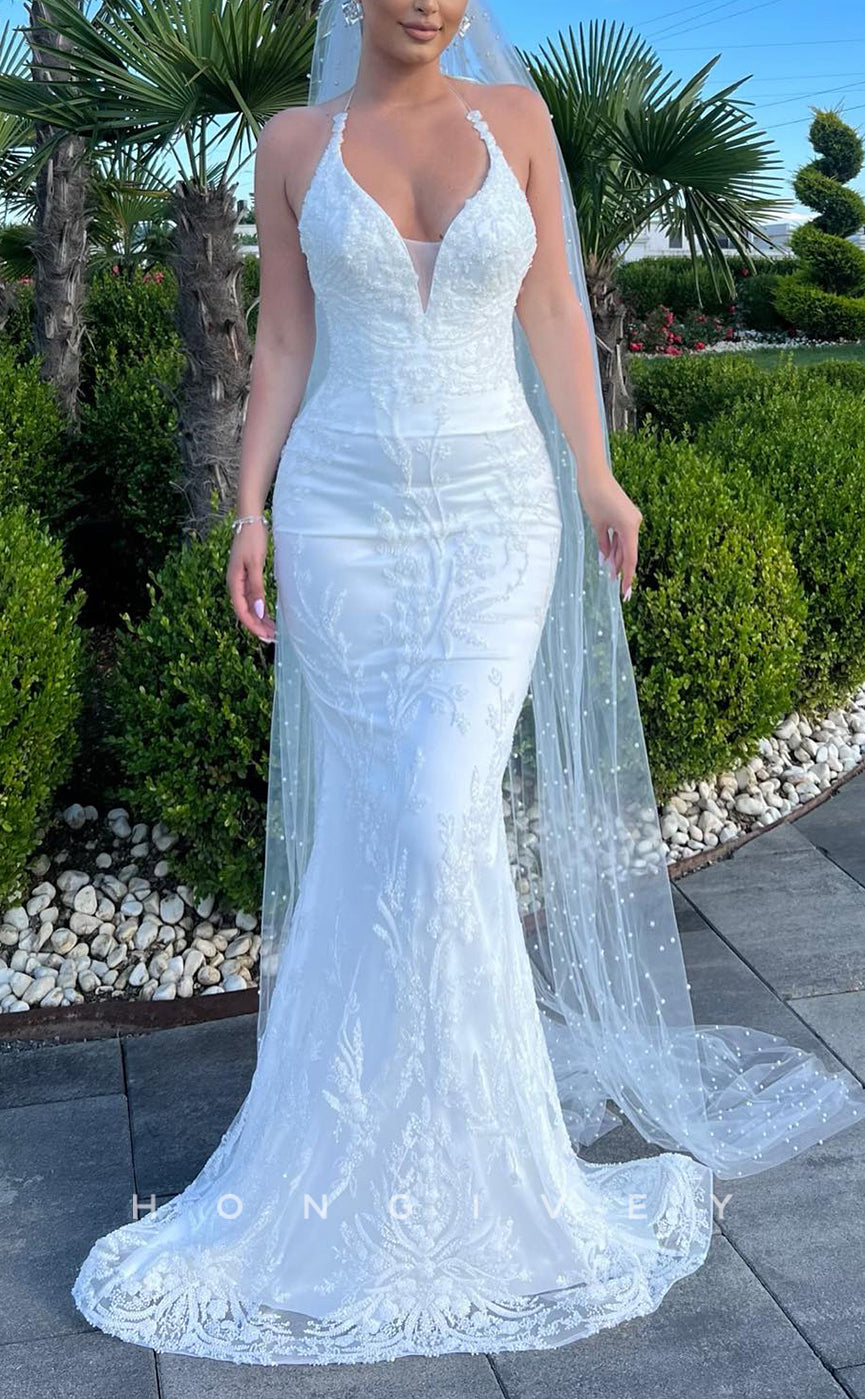 H1589 - Casual V-Neck Halter Empire Sleeveless Trumpet Lace Applique Beaded With Train Wedding Dress
