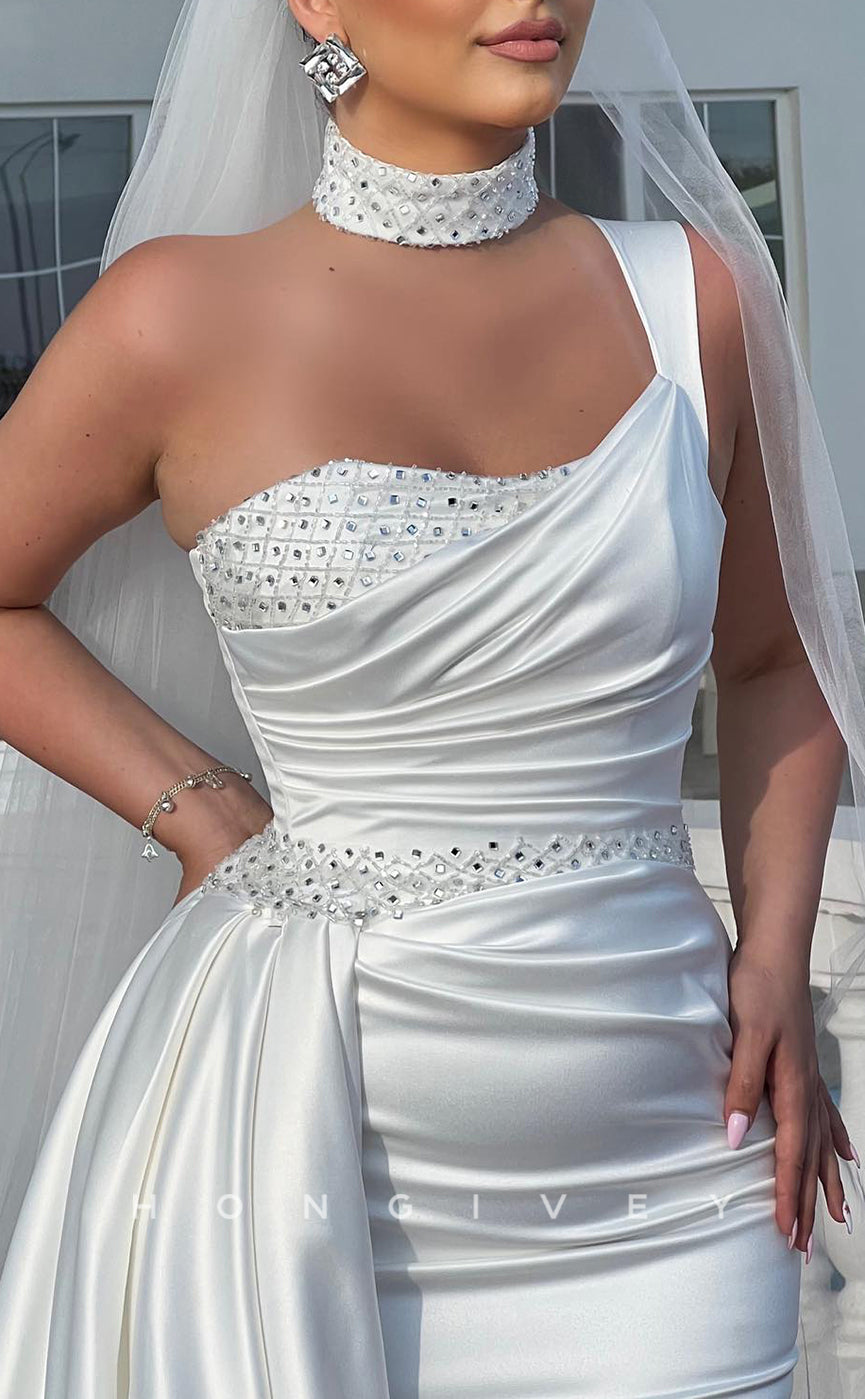 H1590 - Glamorous Satin Fitted One Shoulder Sleeveless Empire Beaded Ruched With Train Wedding Dress