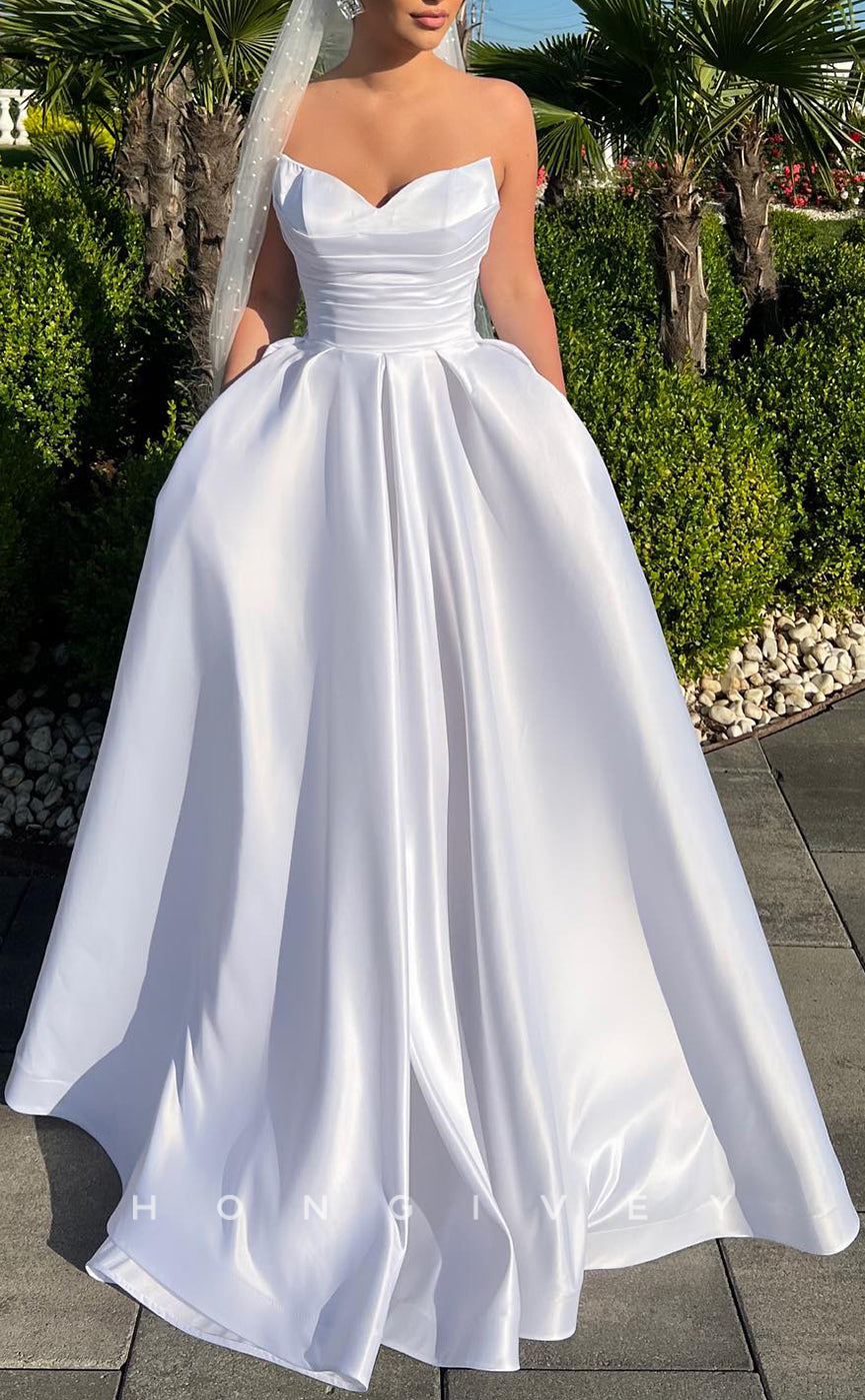 H1592 - Chic Satin A-Line Sleeveless  Strapless Empire Ruched With Pockets Beach Wedding Dress